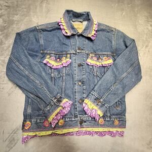 Levi Strauss Signature Jacket Womens Large? Blue Denim Trucker Ruffle Applique